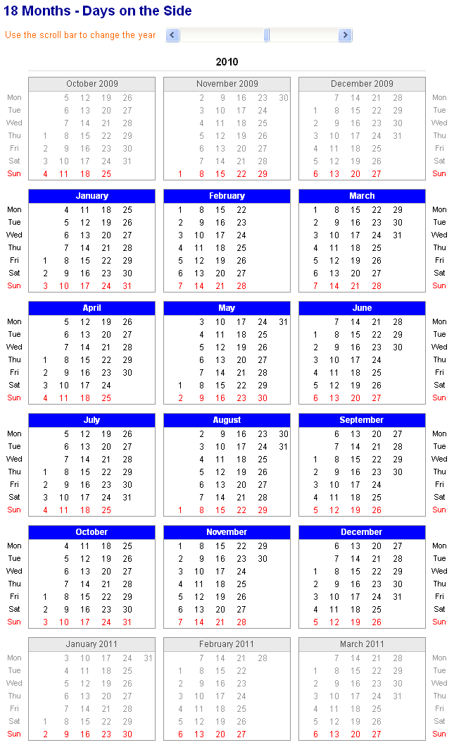 Image of adjustable and printable Excel Calendar 18month calendar
